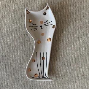 Anthropologie Ceramic Cat Spoon Rest Dish Holder White with Gold Spots